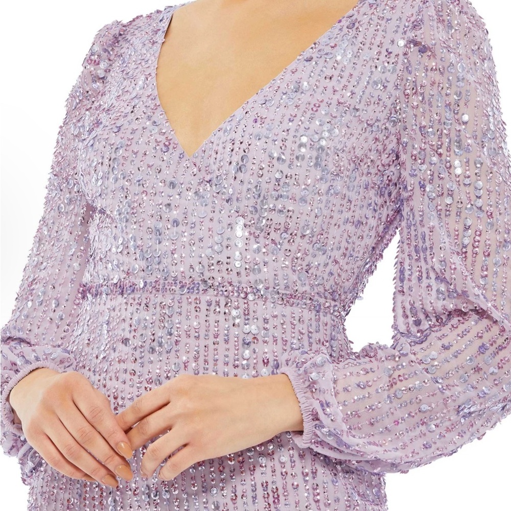 NWT Mac Duggal Purple Sequined Puff Sleeve V Neck Midi Lavender 14 - Picture 7 of 16